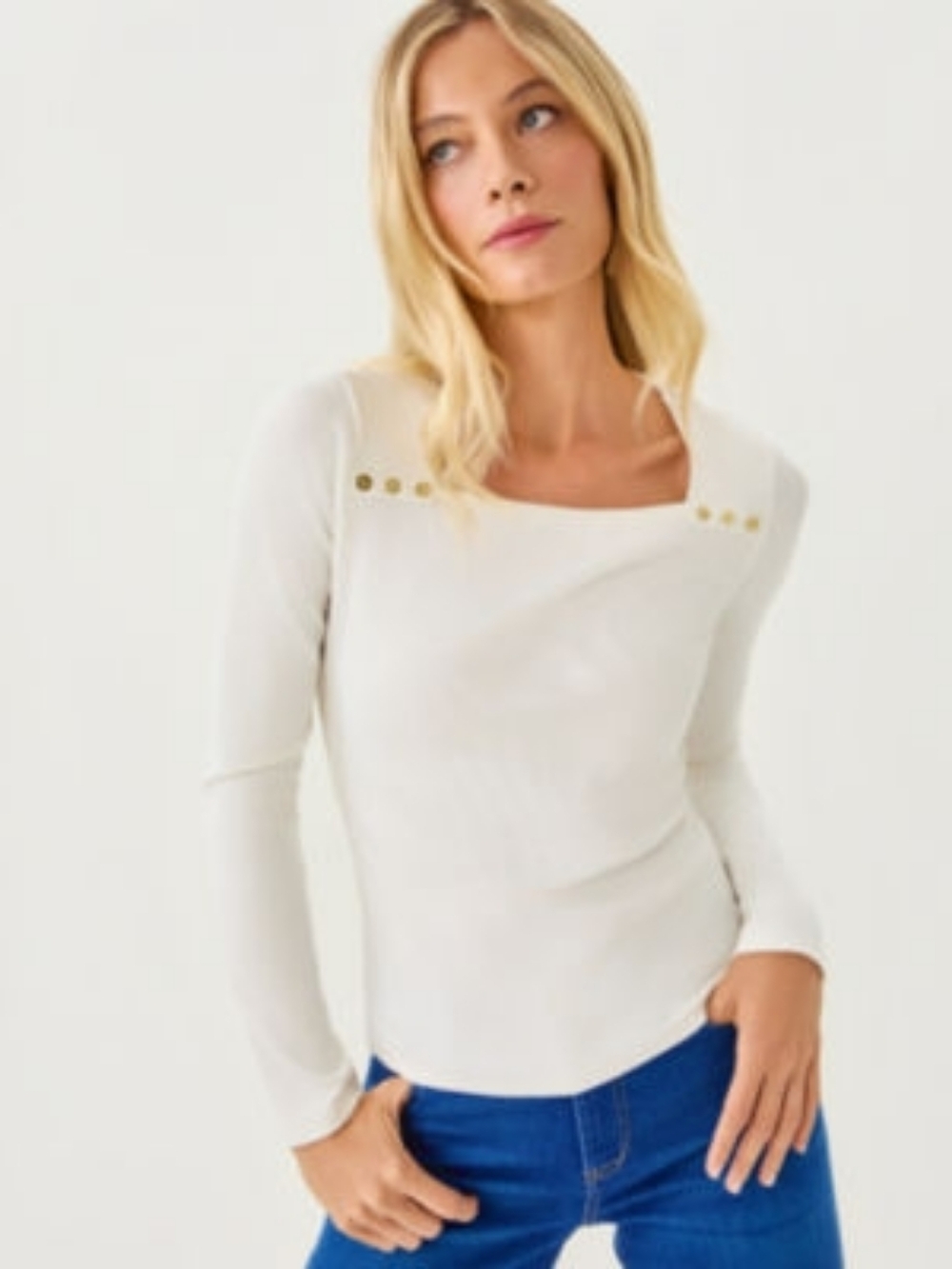 Lilly Pulitzer Womens Coconut Square Neck Long Sleeve Top with Gold Buttons - XL